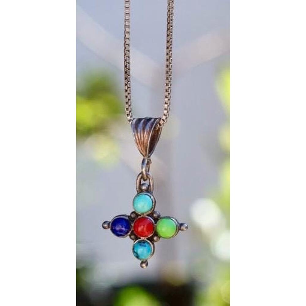 Sterling Silver Multi Stone Necklace | Turquoise Coral Lapis | 925 Box Chain